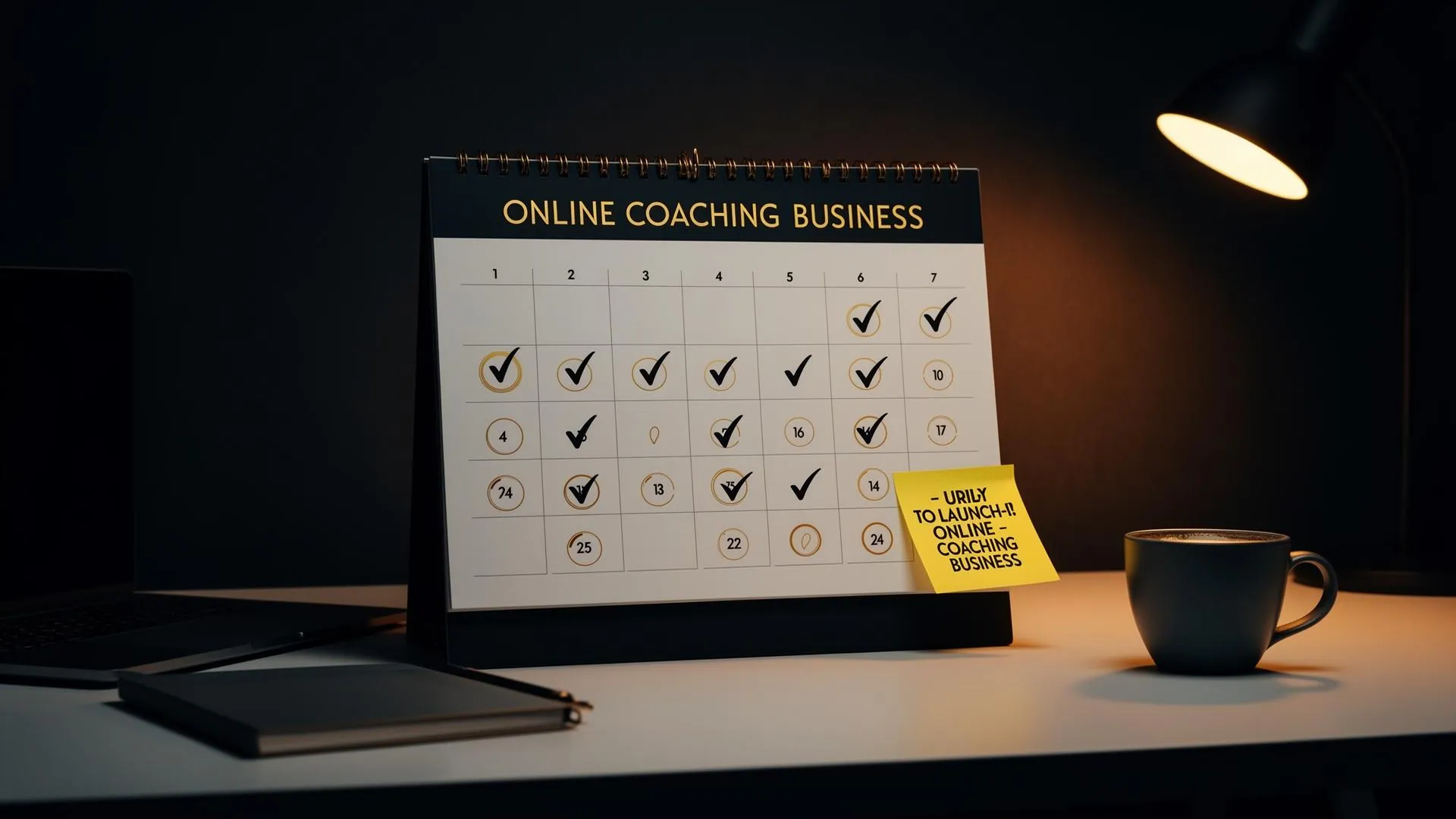 7-day online coaching business launch calendar with gold checkmarks on each day and motivational sticky note on a dark moody desk