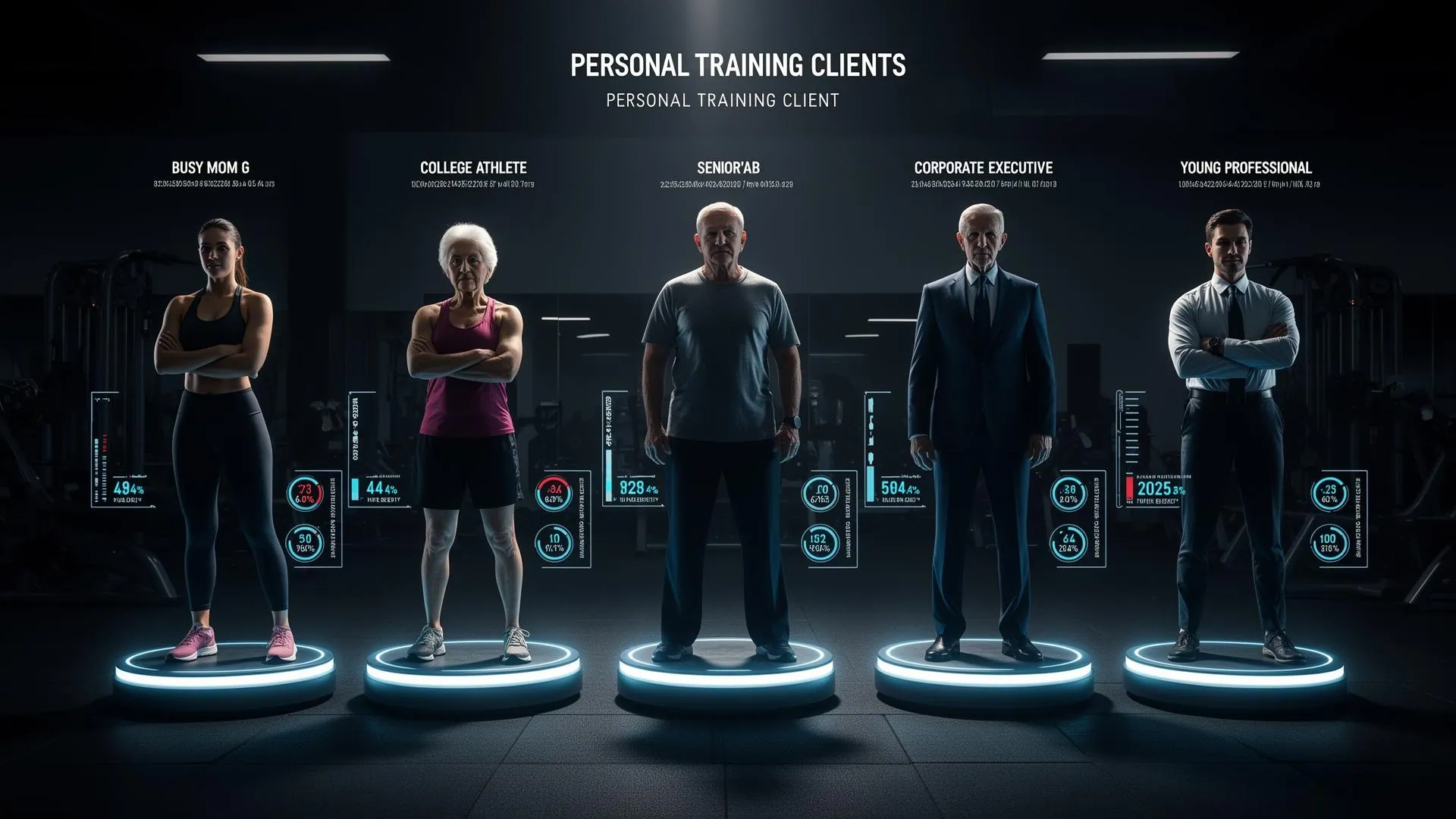 RPG-style character selection screen showing five personal training client archetypes including busy mom, athlete, senior, executive, and young professional on glowing platforms