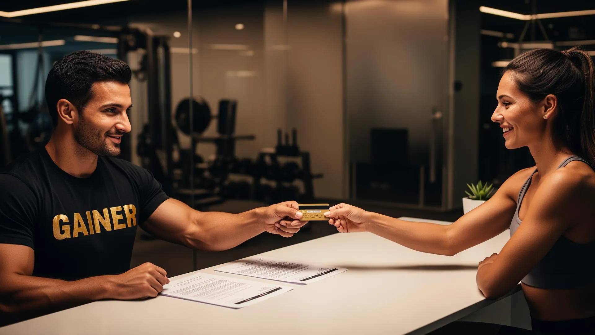 Personal trainer in a GAINER branded shirt receiving a credit card from a smiling female client across a desk with training contract papers