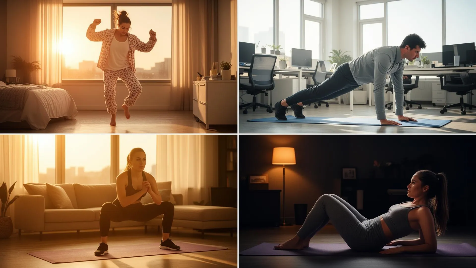 Four-panel split screen showing micro-workouts throughout the day: morning jumping jacks in pajamas, midday office push-ups, afternoon squats in workout clothes, and evening crunches in loungewear