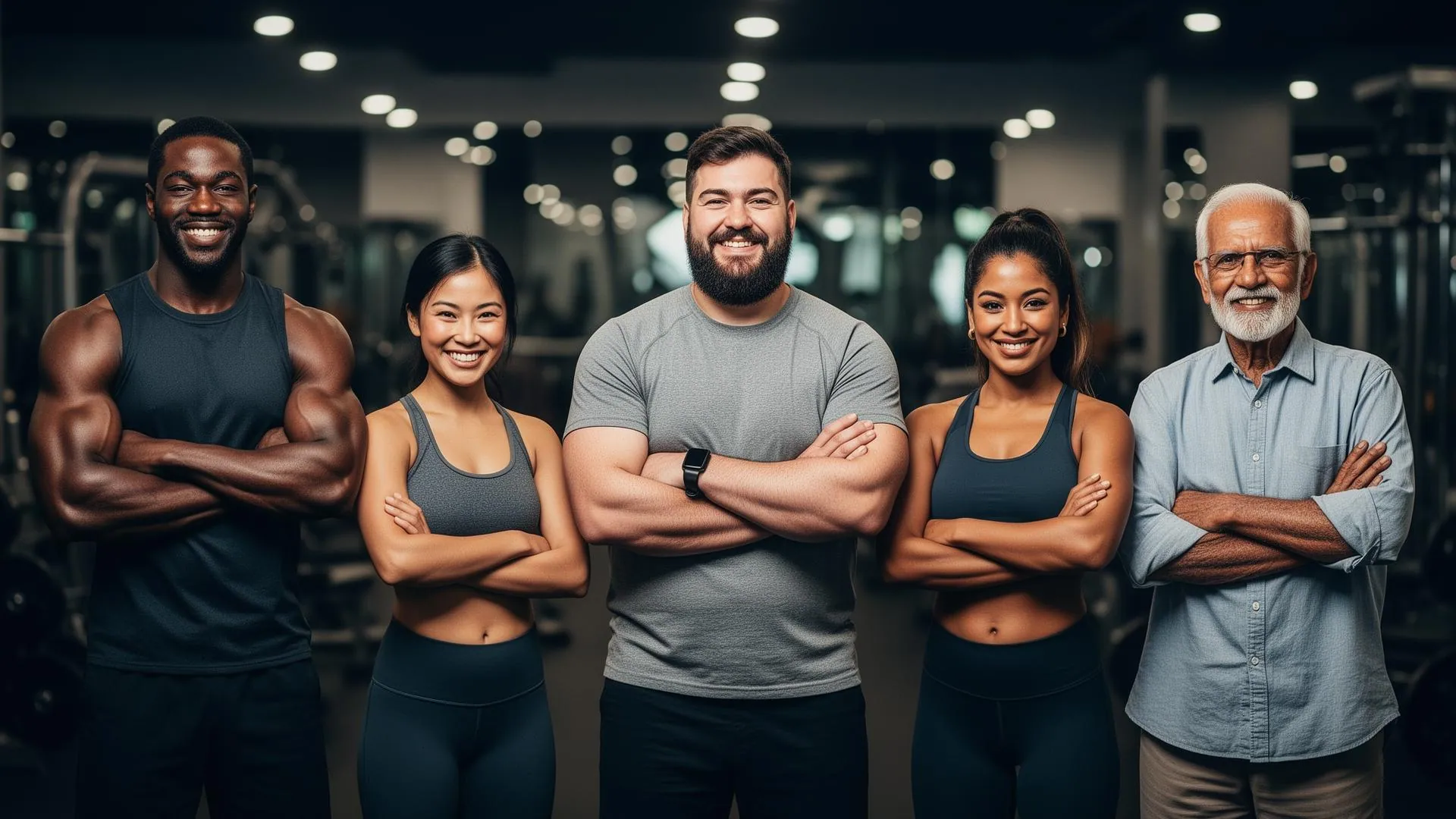 Five diverse gym members of different ages, body types, and backgrounds standing together representing personalized inclusive fitness training
