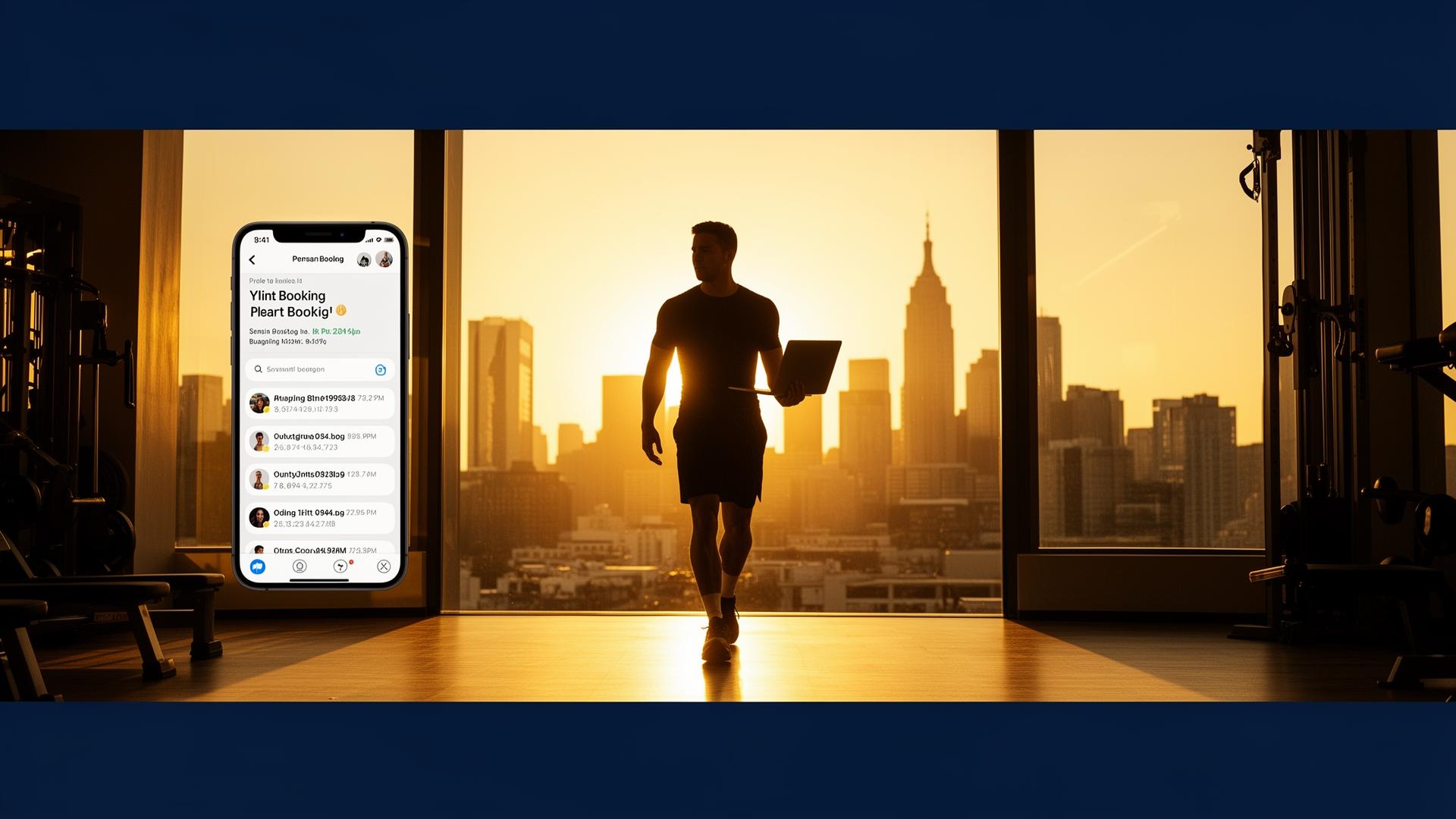 Confident personal trainer walking into golden light with phone buzzing with client booking notifications and city skyline