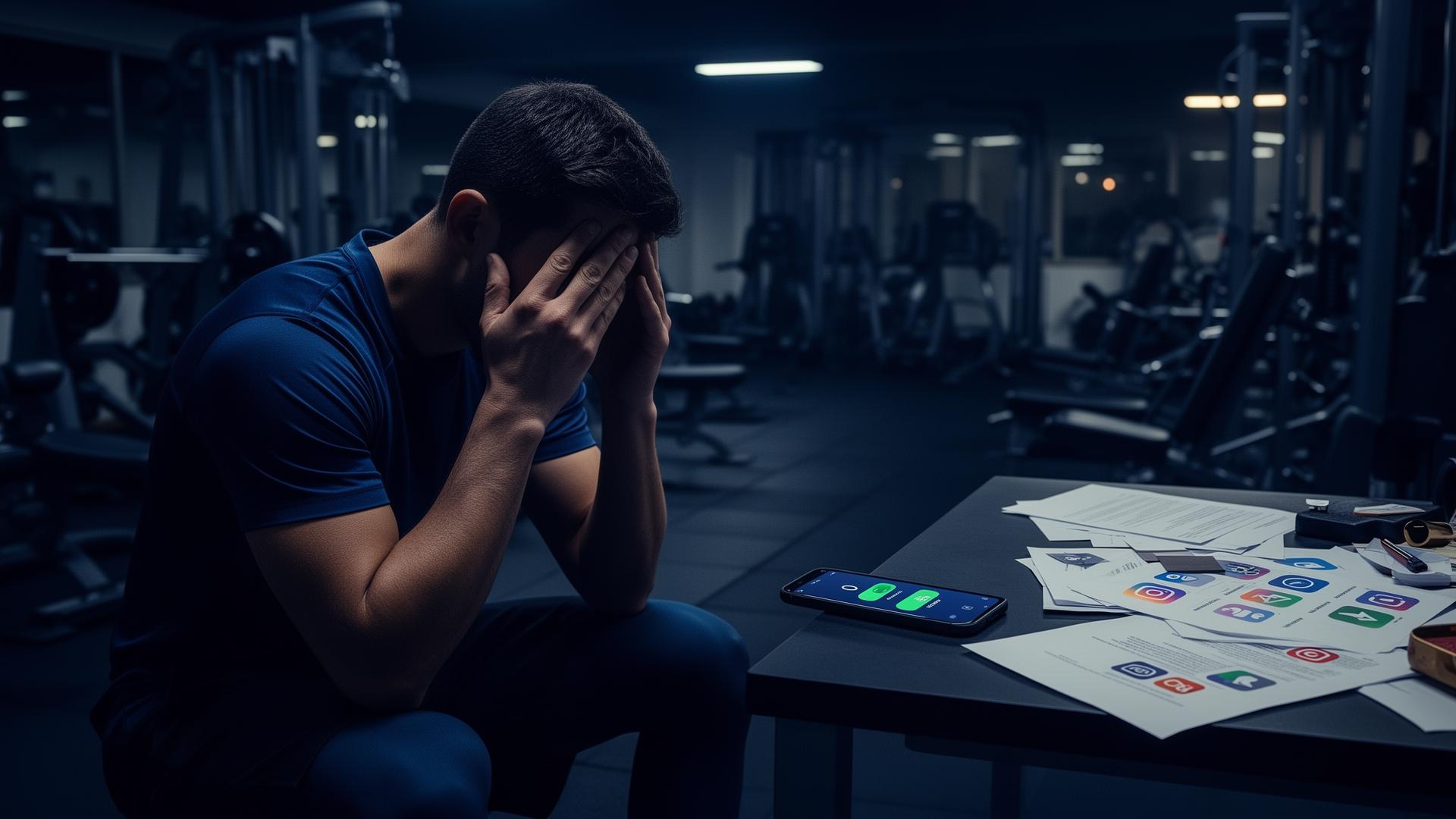 Frustrated personal trainer struggling with scattered apps