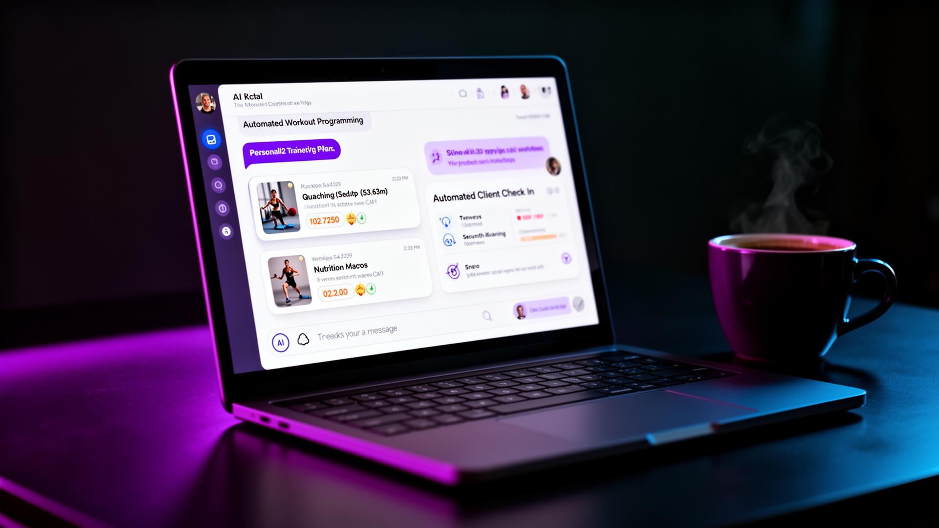 GoCoach AI co-coach dashboard on a laptop showing automated workout programming, personalized training plans, nutrition macros, and automated client check-in messages with purple accent lighting