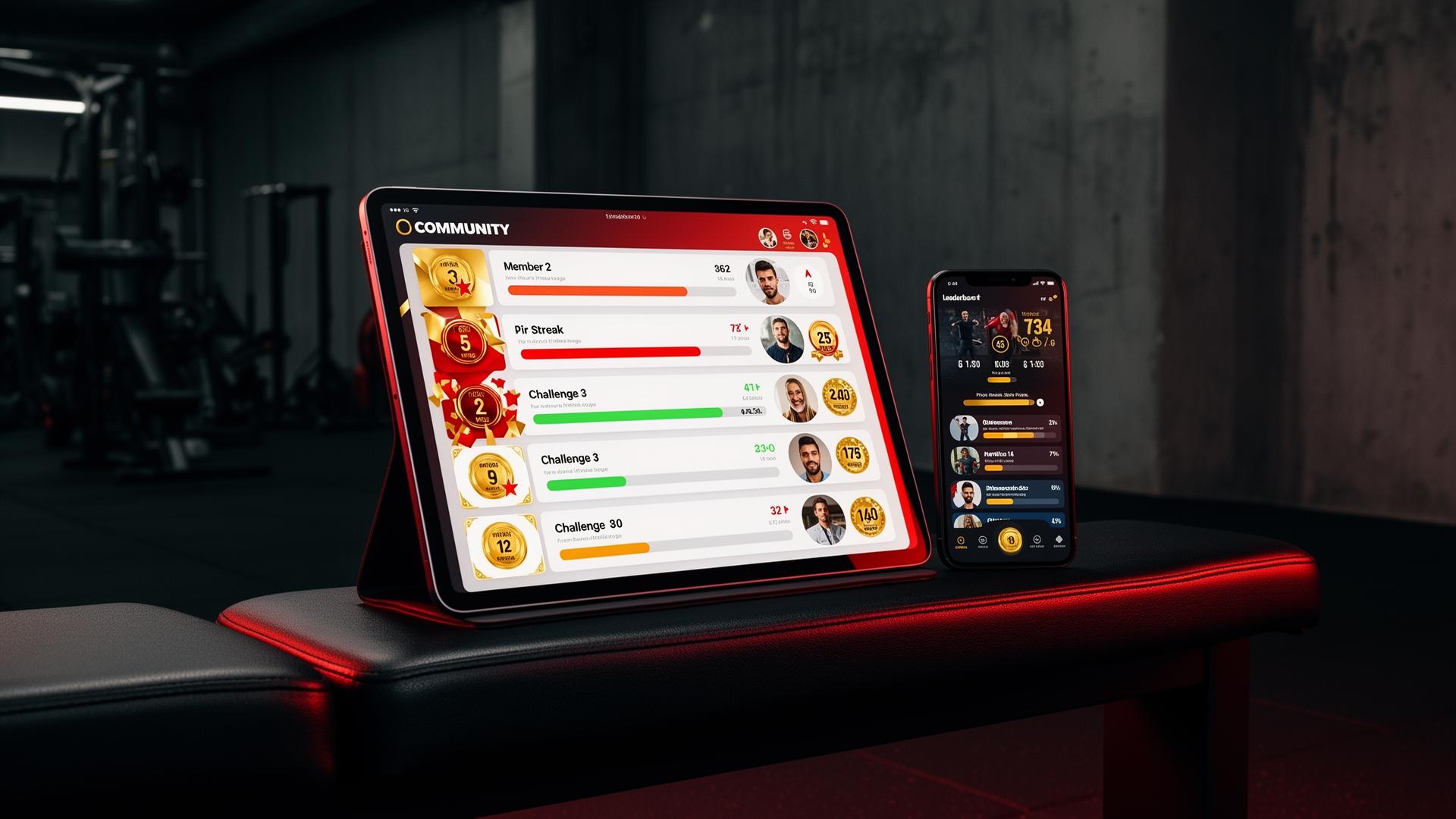 GoCoach gamified community engine showing member leaderboard rankings, workout streaks, challenge progress bars, and achievement badges on a tablet and phone in a dark gym setting