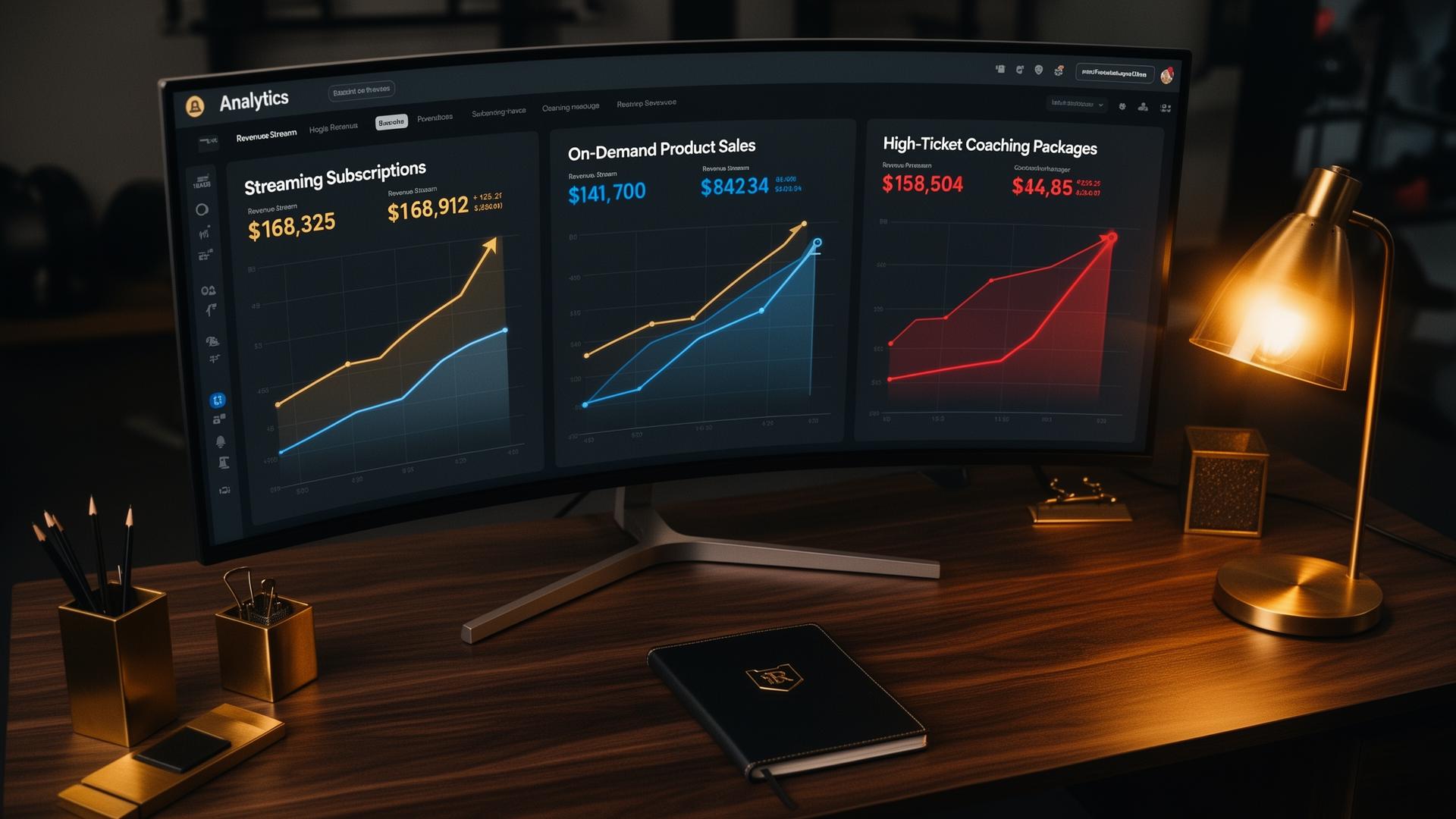 GoCoach revenue analytics dashboard on a curved monitor showing three income streams — streaming subscriptions, on-demand product sales, and high-ticket coaching packages — with upward growth charts in gold, blue, and red