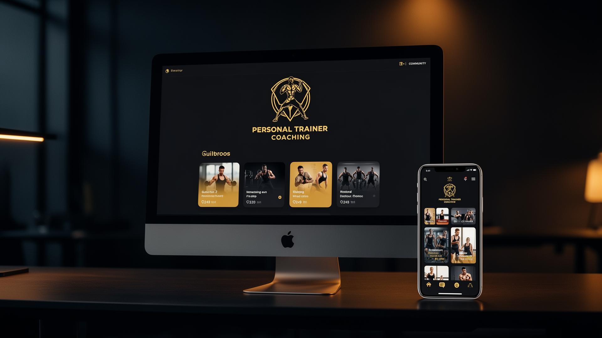 GoCoach white-labeled coaching app displayed on an iMac and iPhone showing a personal trainer's custom-branded fitness platform with workout programs, community feed, and gold-accented dark theme