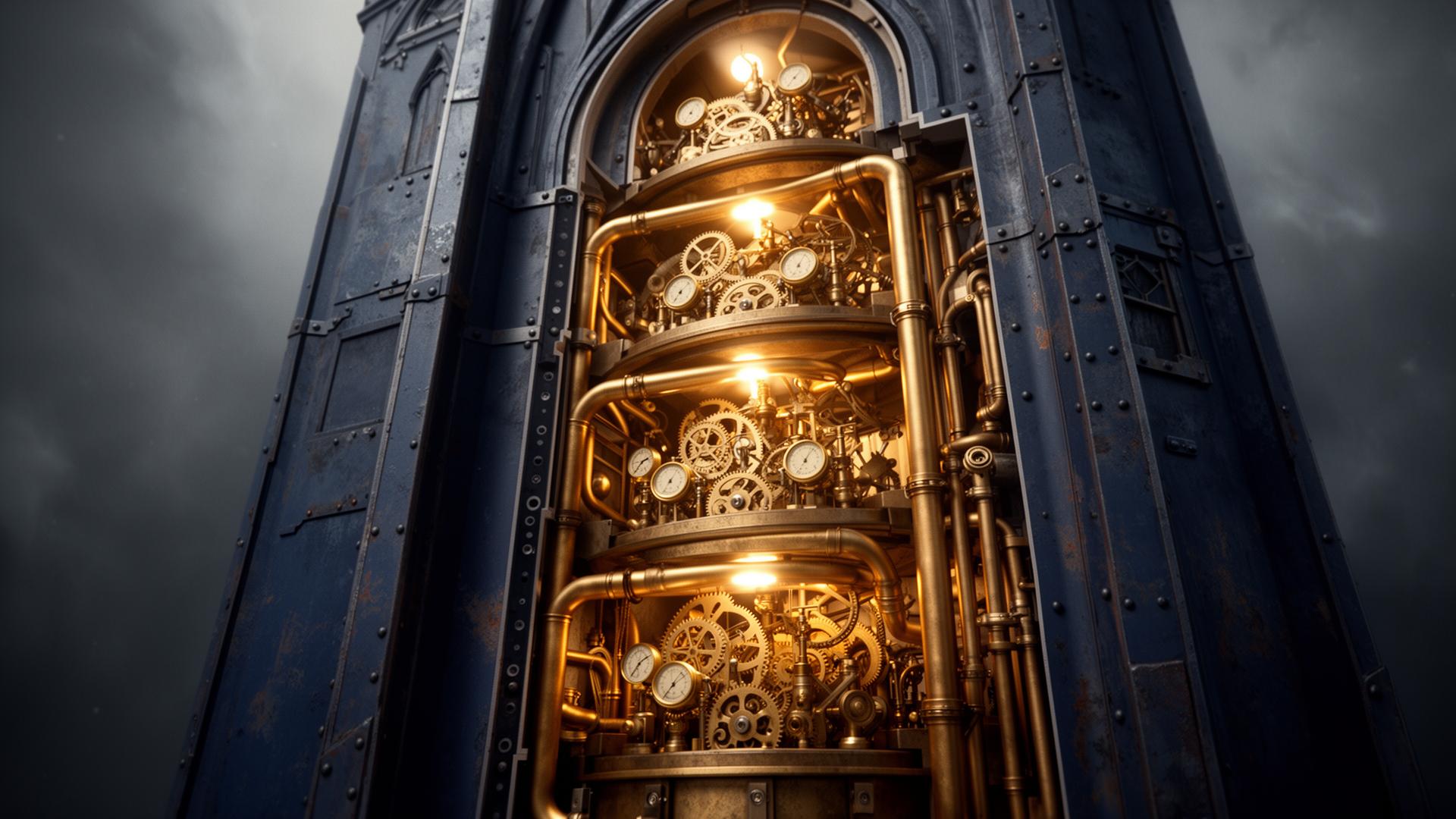 Cutaway view of an interconnected brass and navy machine representing the TrainSpace AI stack