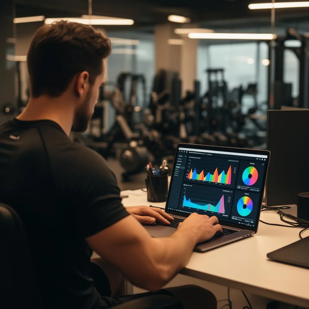 Social media analytics dashboard showing video engagement metrics and follower growth for a fitness business