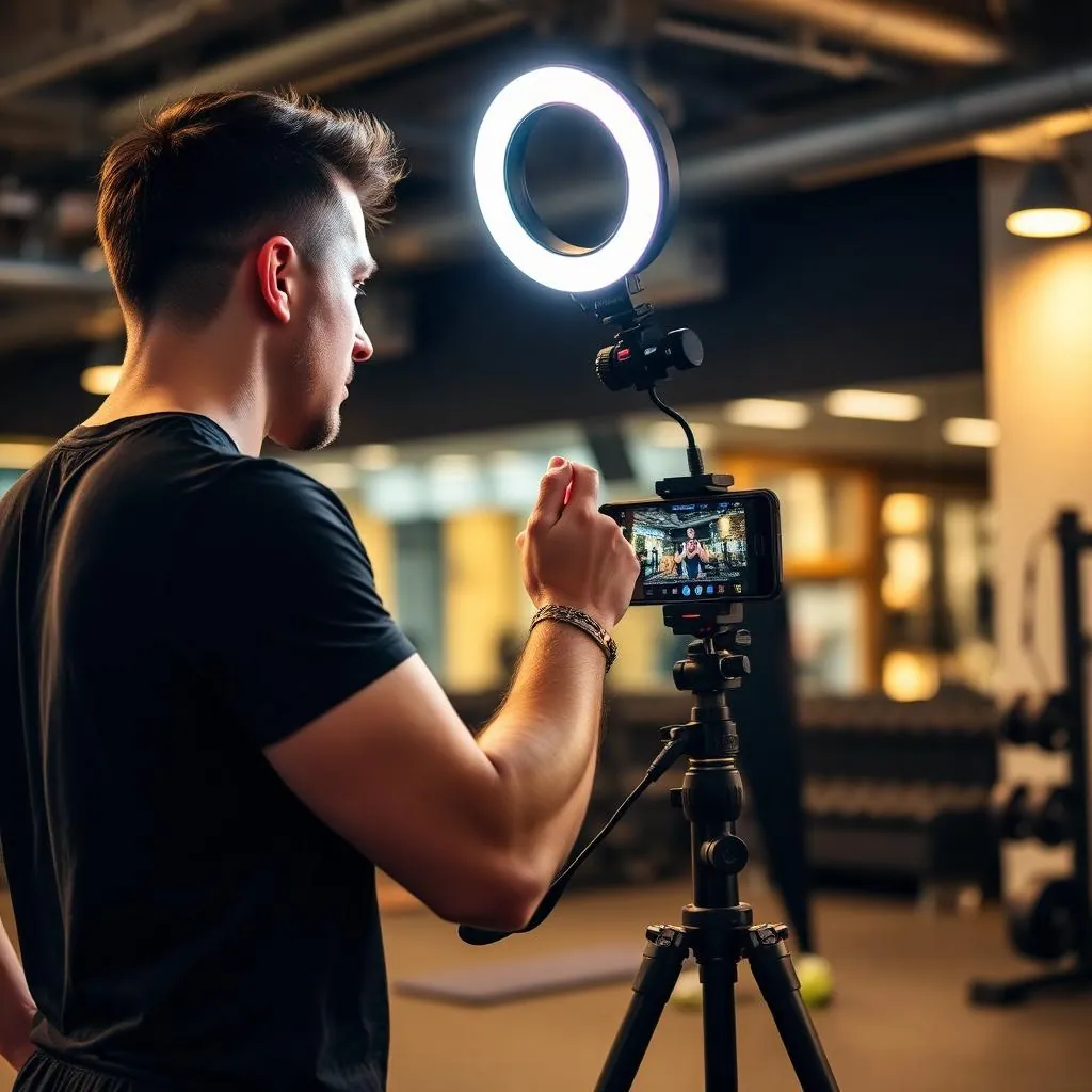 Personal trainer filming short-form video content with ring light and smartphone in a gym