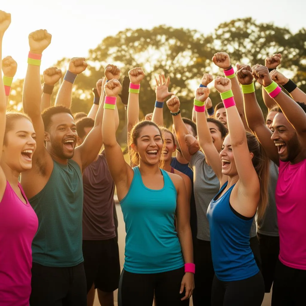Group of fitness challenge participants doing a team workout in a park with matching gear