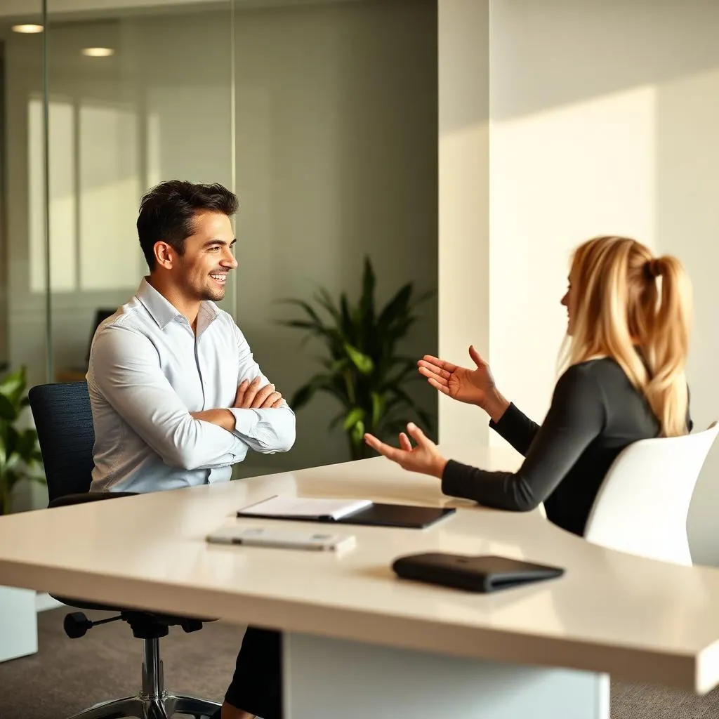 Personal trainer in a professional sales consultation with a potential client at a modern desk
