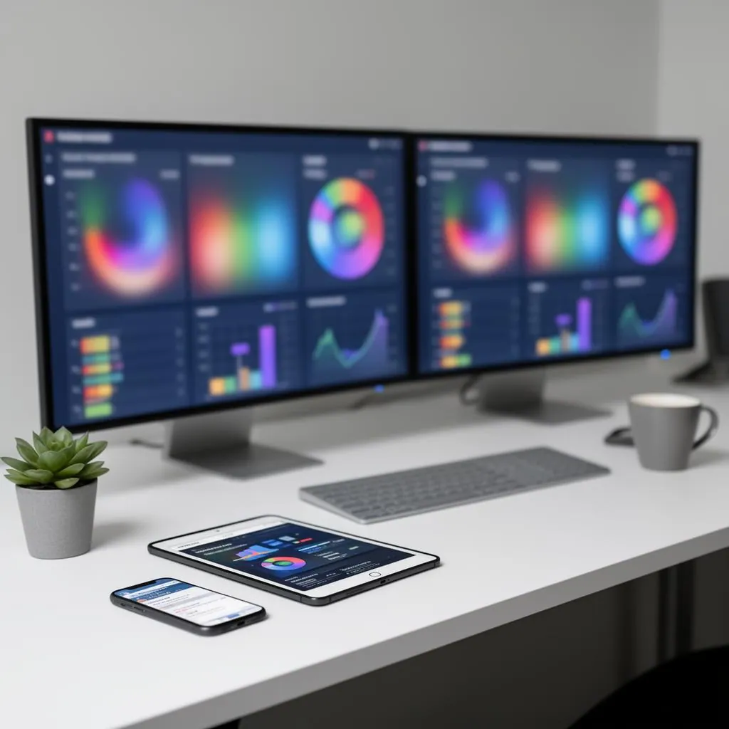 Online coaching tech workspace with multiple screens showing CRM dashboard workout app and client messaging
