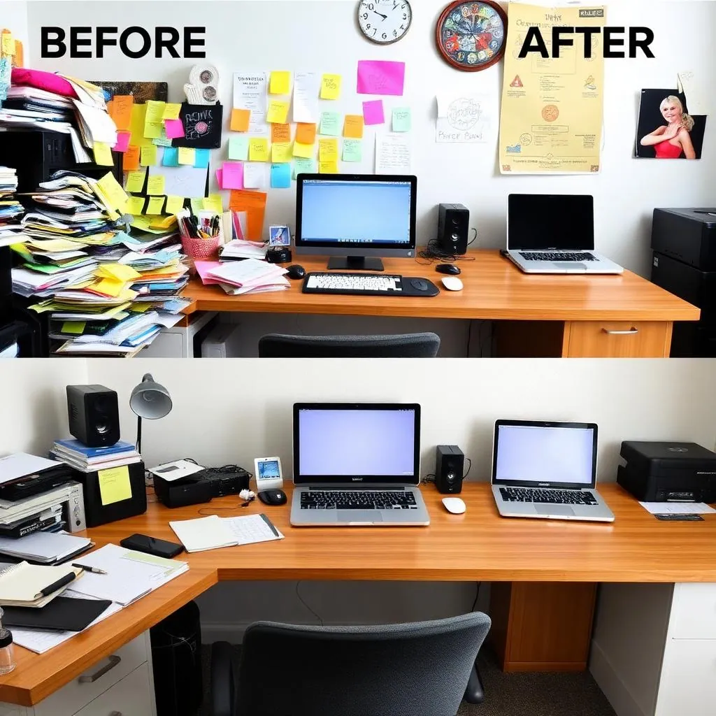 Before and after comparison of a cluttered desk versus clean organized workspace with streamlined business systems