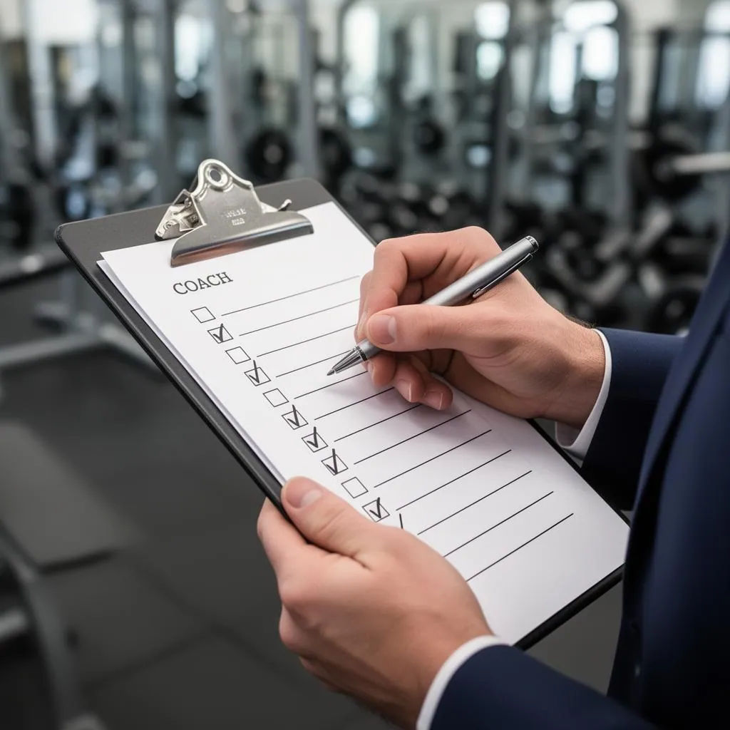 Client onboarding checklist on a tablet showing assessment goals nutrition and training schedule items