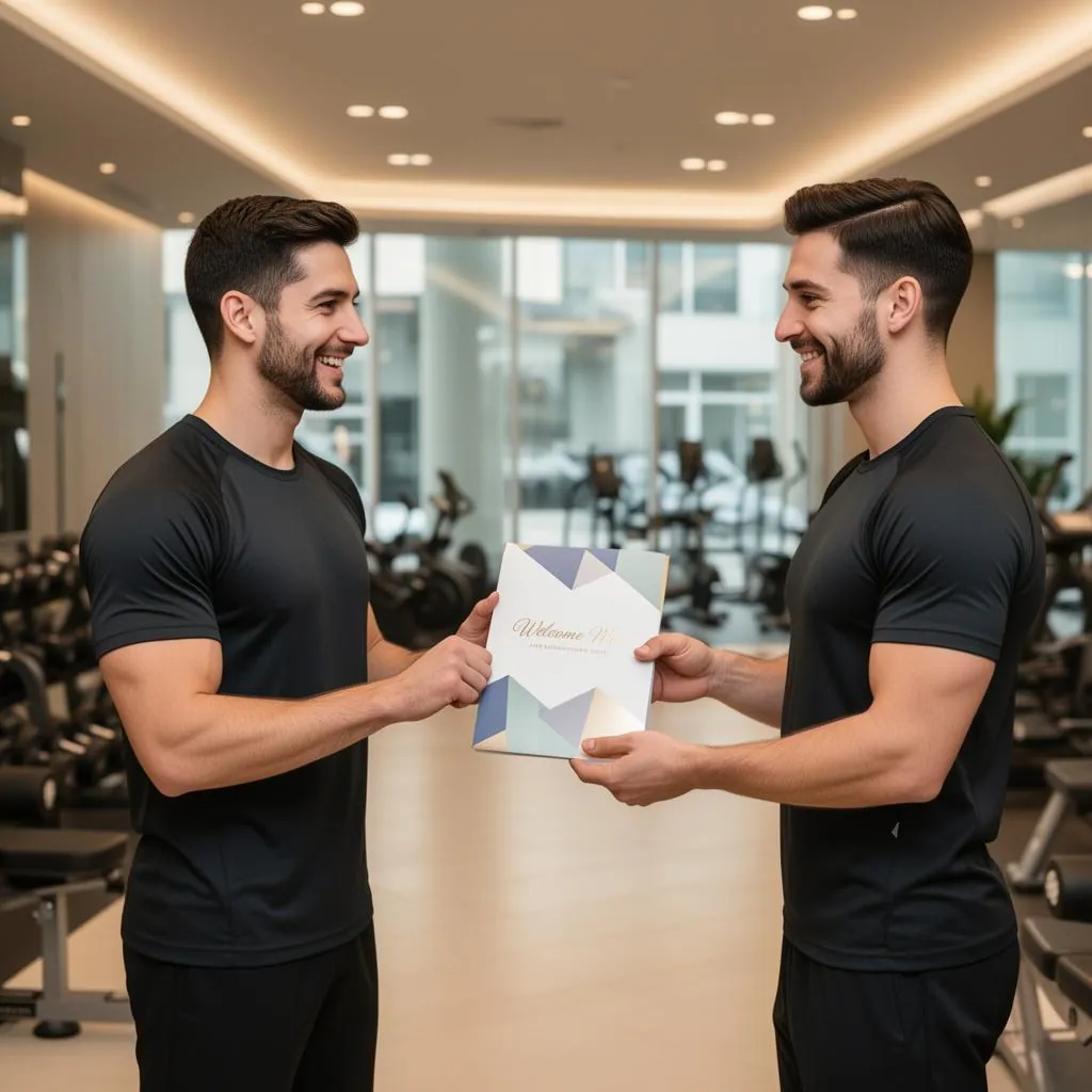 Personal trainer greeting a new client with a branded welcome packet at a gym reception desk
