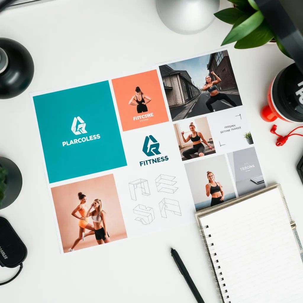 Personal training brand mood board with logo sketches color palettes typography and fitness photography