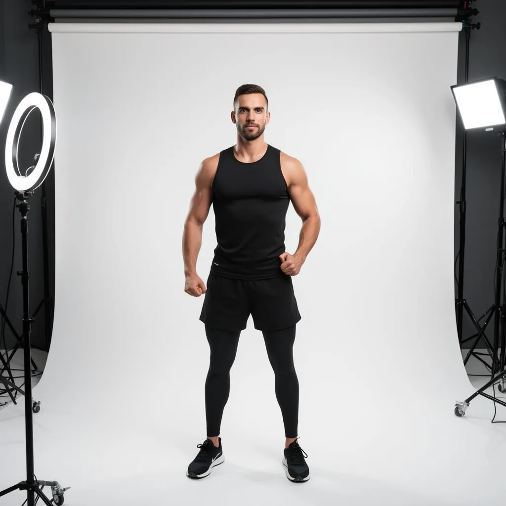 Fitness trainer recording branded content in front of a step-and-repeat backdrop with smartphone