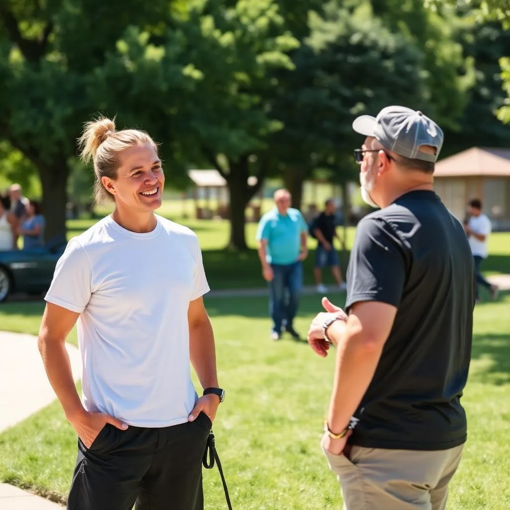 Personal trainer networking with community members at a local park for hyperlocal marketing