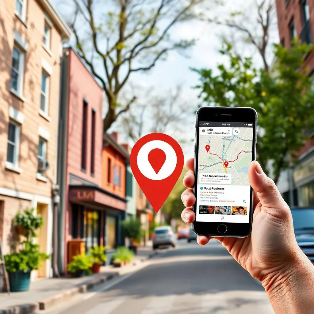 Smartphone showing local business map with location pin and neighborhood recommendations