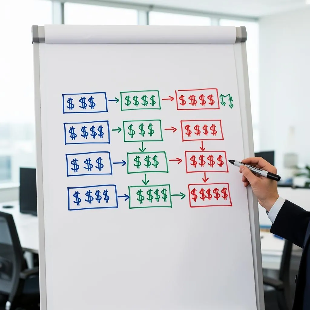 Whiteboard showing group coaching program structure with tiered pricing and revenue projections