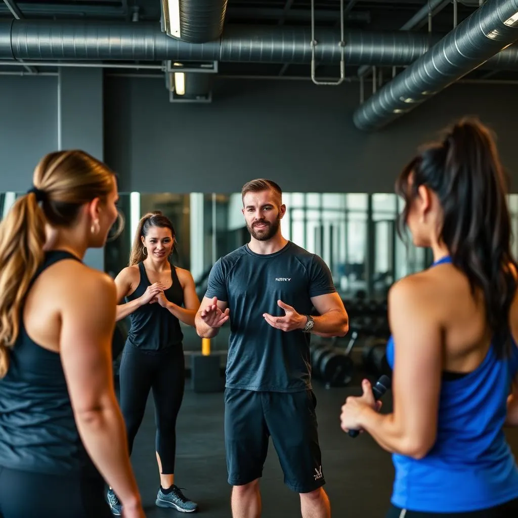 Personal trainer leading a small group training session with four clients in a modern gym