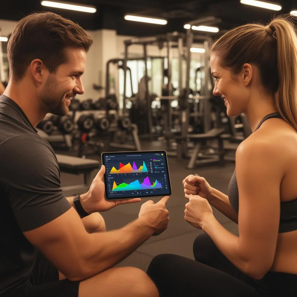 Phone screen showing a personalized client check-in message from a personal trainer with progress updates