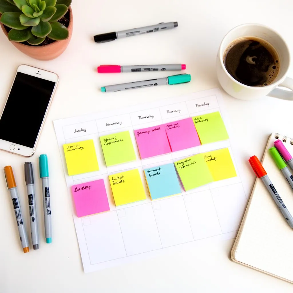 Content calendar on a tablet showing weekly posting schedule color-coded by platform