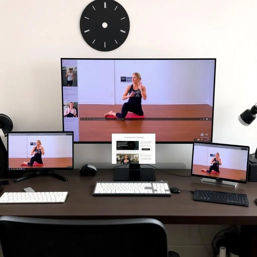 Content creation workspace showing one workout video being repurposed into multiple formats across screens