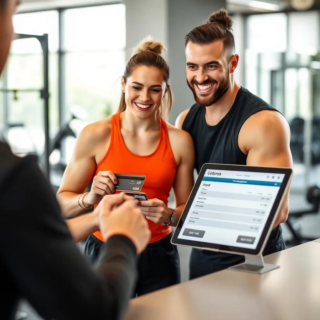 Happy client signing up for a personal training membership package at a gym front desk