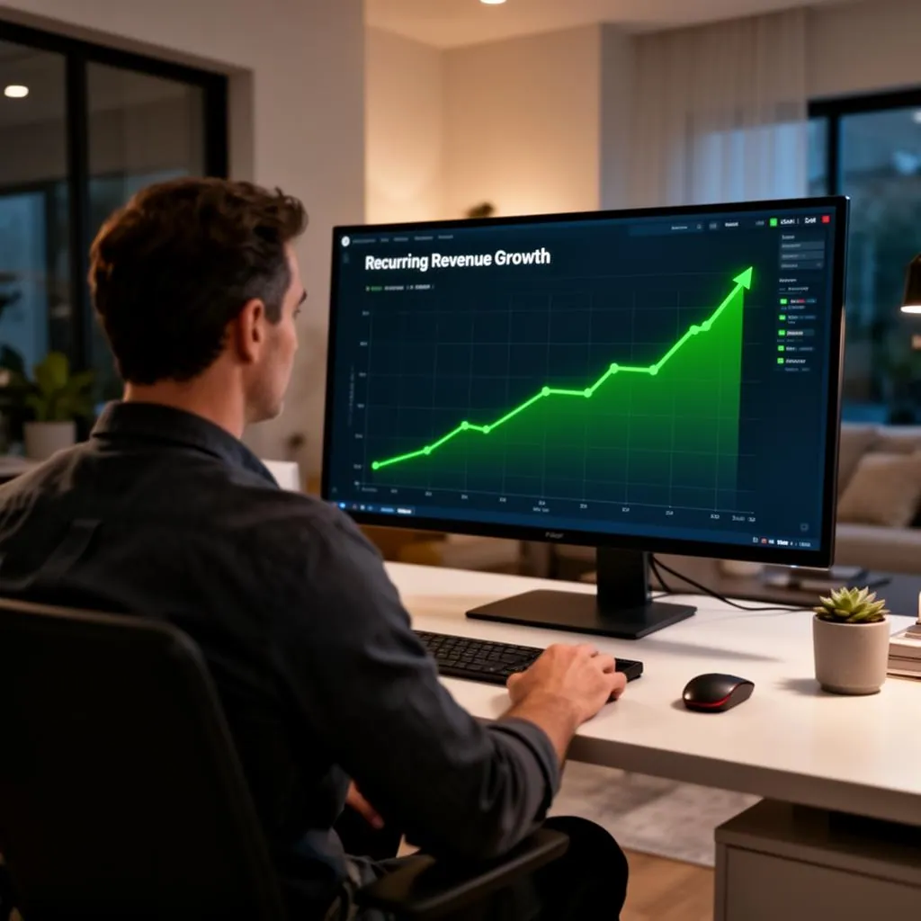 Laptop showing subscription billing dashboard with monthly recurring revenue chart trending upward