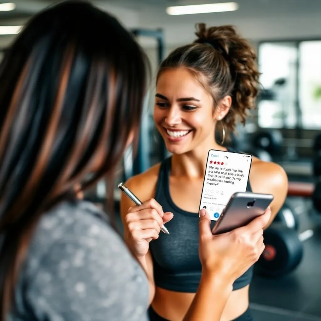 Client writing a positive Google review on phone after a personal training session at the gym