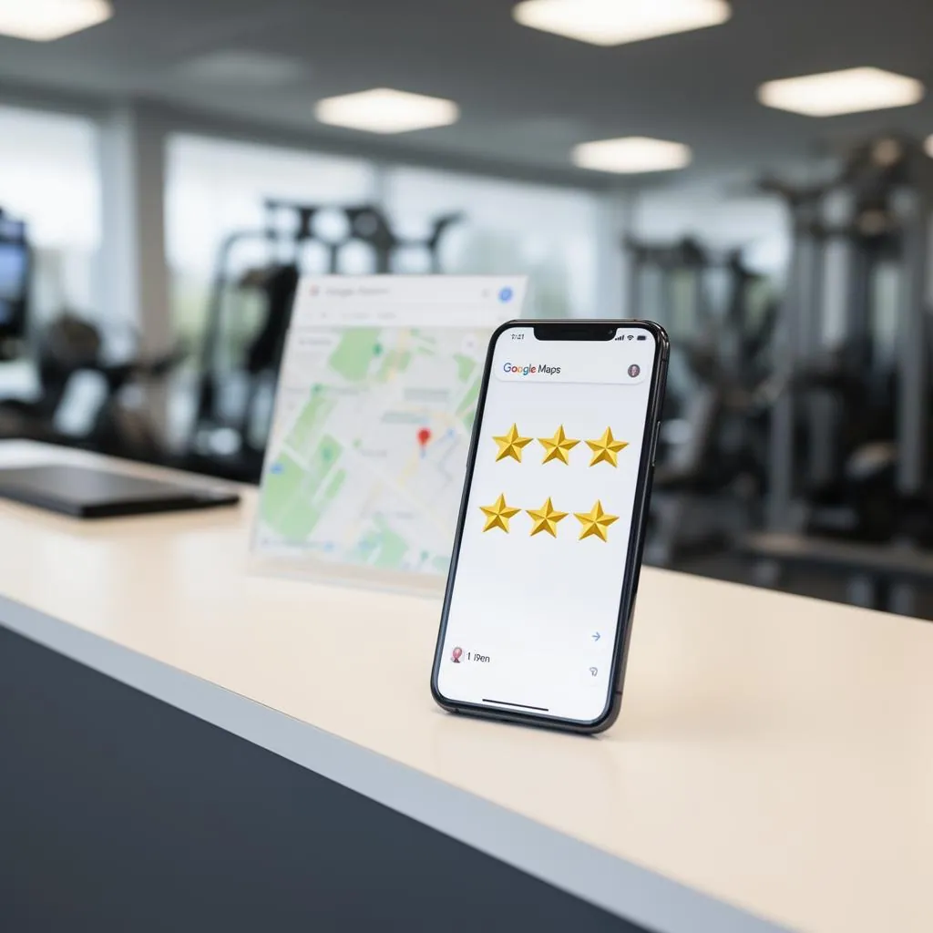 Smartphone showing Google Maps search for personal trainer with five-star review listings