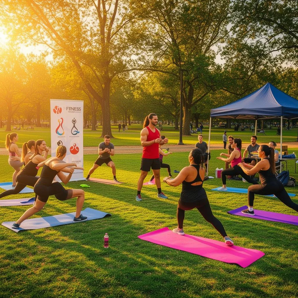 Personal trainer leading an outdoor fitness workshop with participants under a branded tent