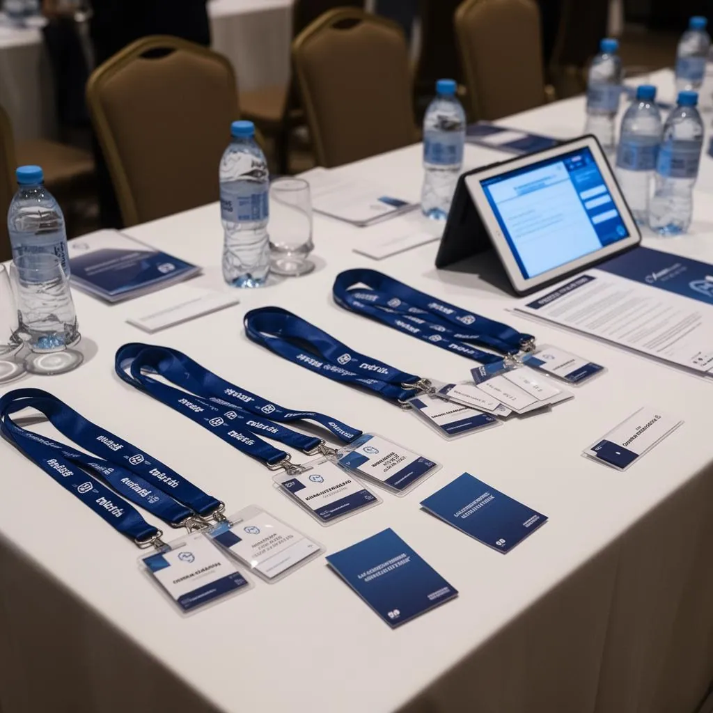 Event registration table at a fitness workshop with sign-up sheets and digital check-in laptop