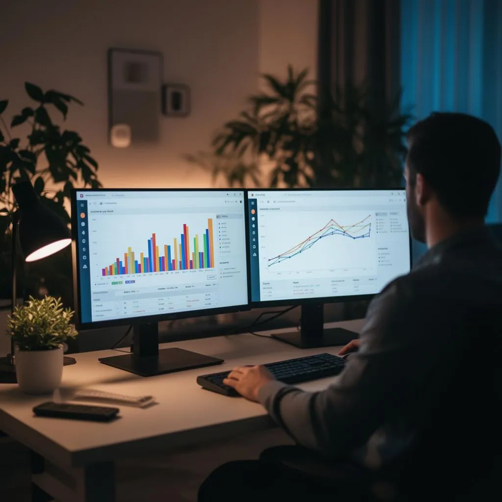 Personal trainer reviewing business growth charts on multiple monitors in a professional office
