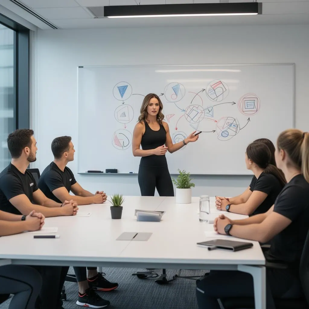 Small team of personal trainers in a strategy meeting with whiteboard showing growth plans