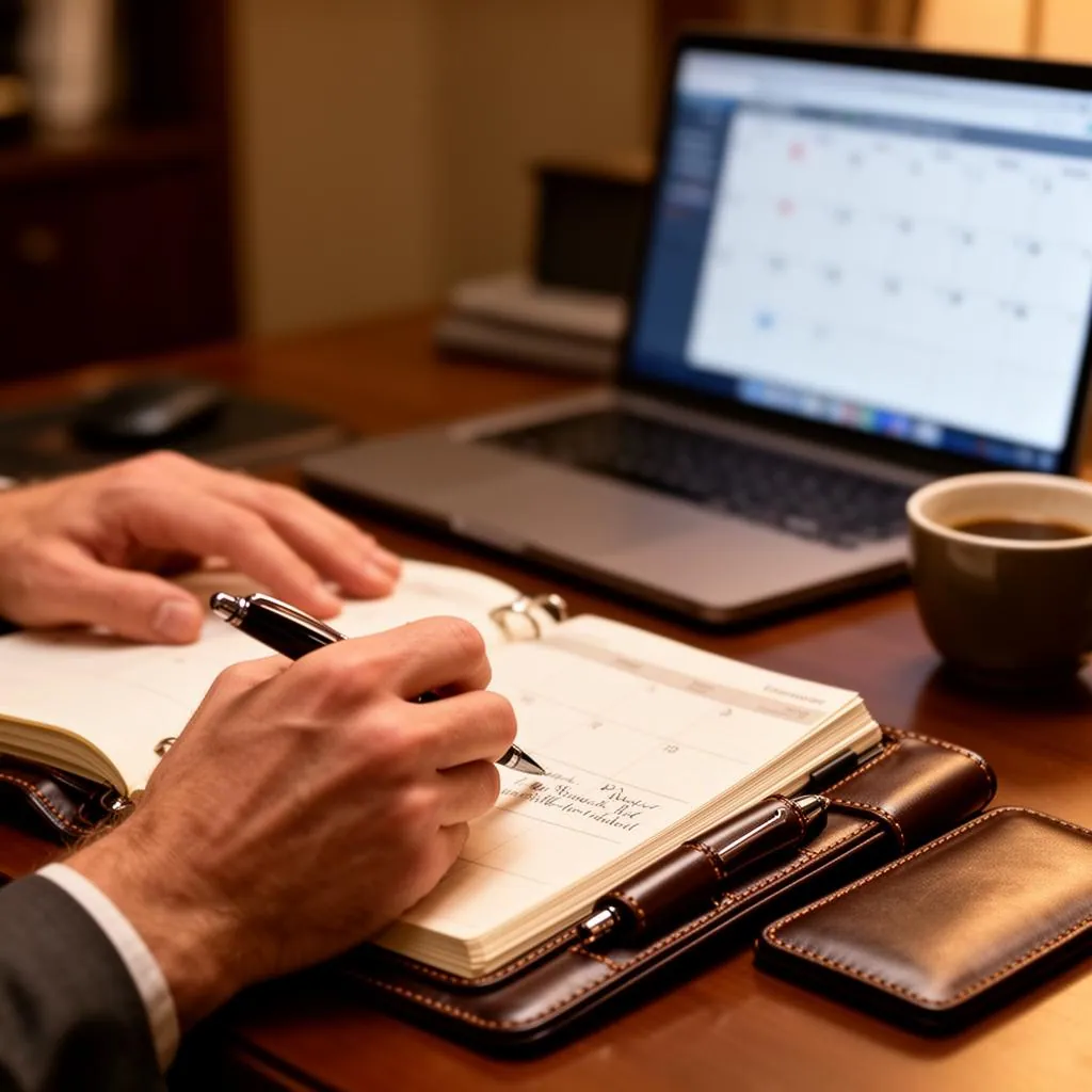 Clean desk with quarterly planning notebook laptop showing 90-day goals calendar and coffee