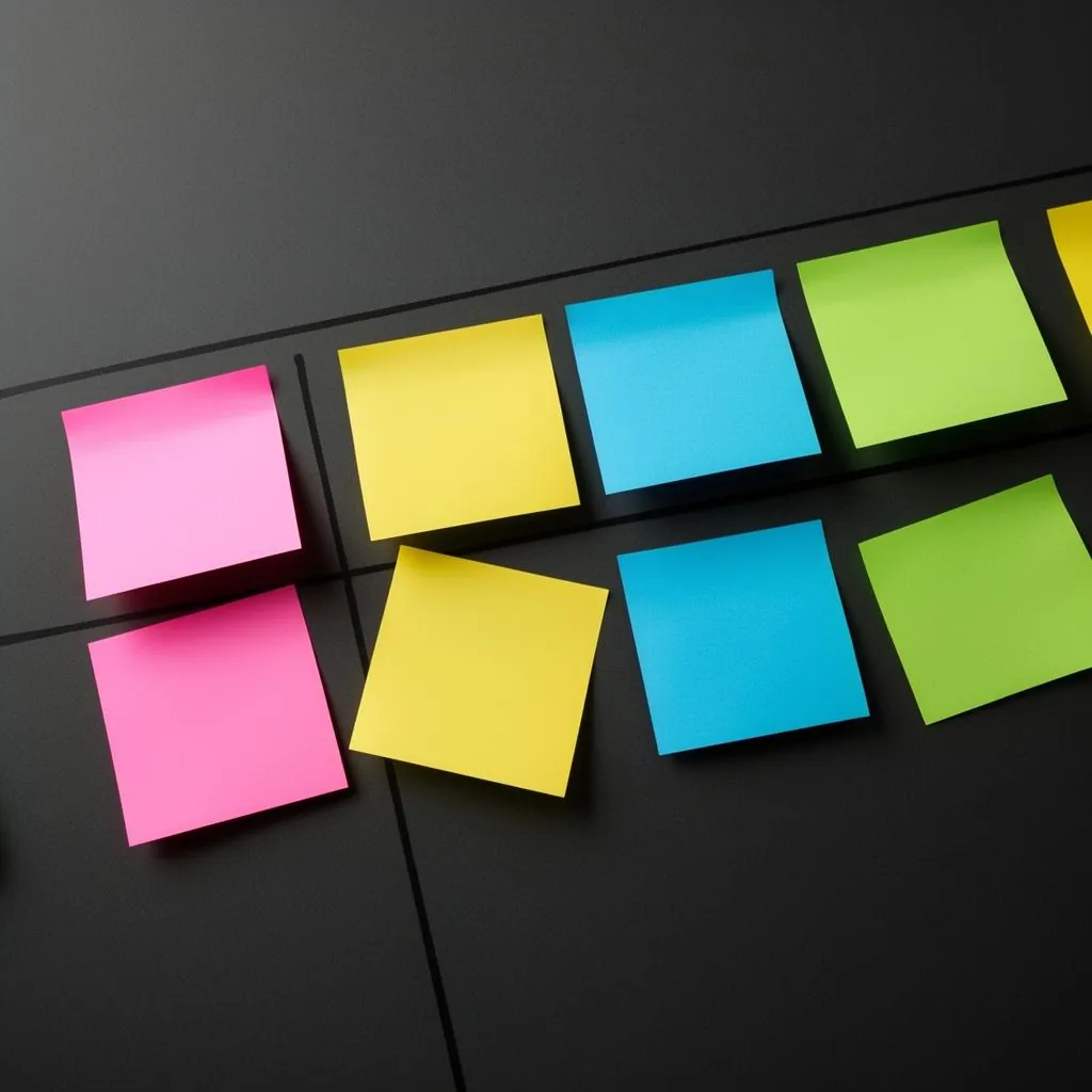 Vision board with quarterly business goals organized into NOW NEXT and LATER columns with sticky notes