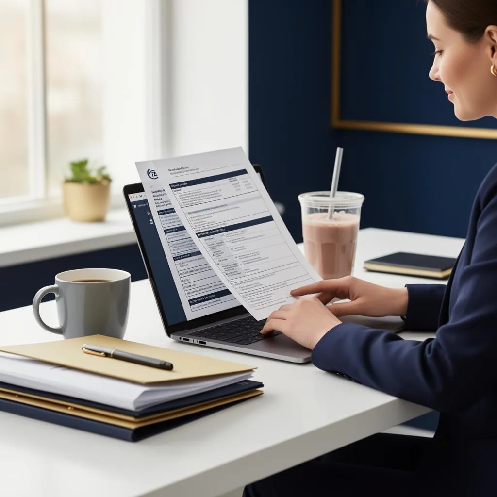 A trainer reviewing a personal trainer insurance policy document on a laptop at a clean office desk with a coffee mug, protein shake, and binder of business records