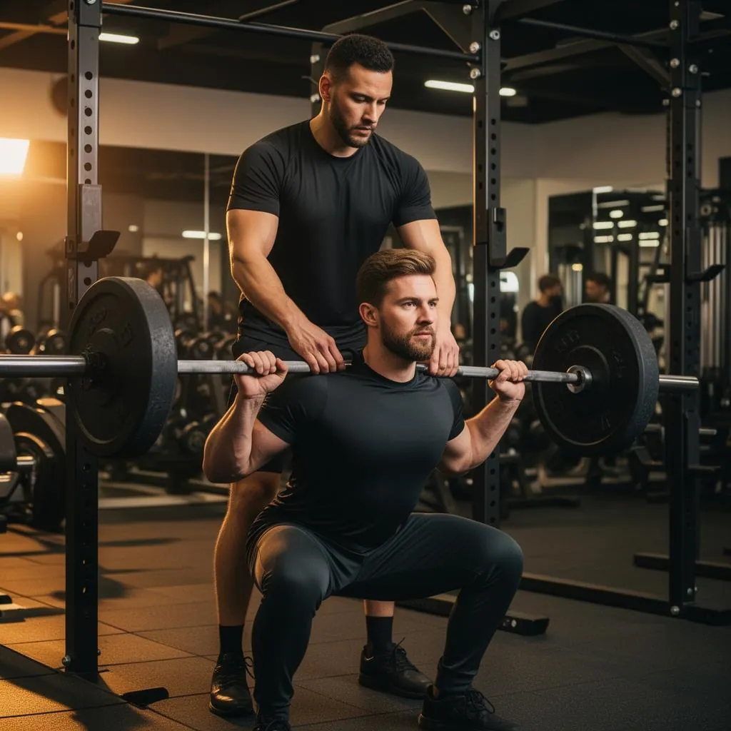 A personal trainer carefully spotting a client during a heavy barbell back squat inside a modern gym with a power rack and safety bars