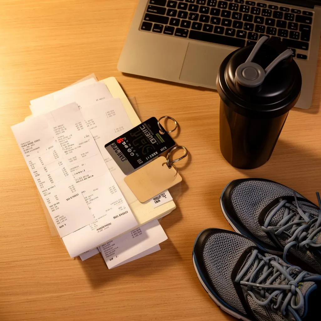 A flat-lay of business receipts, a small notebook, a gym keycard, a protein shaker, and training shoes arranged on a wooden desk beside a laptop