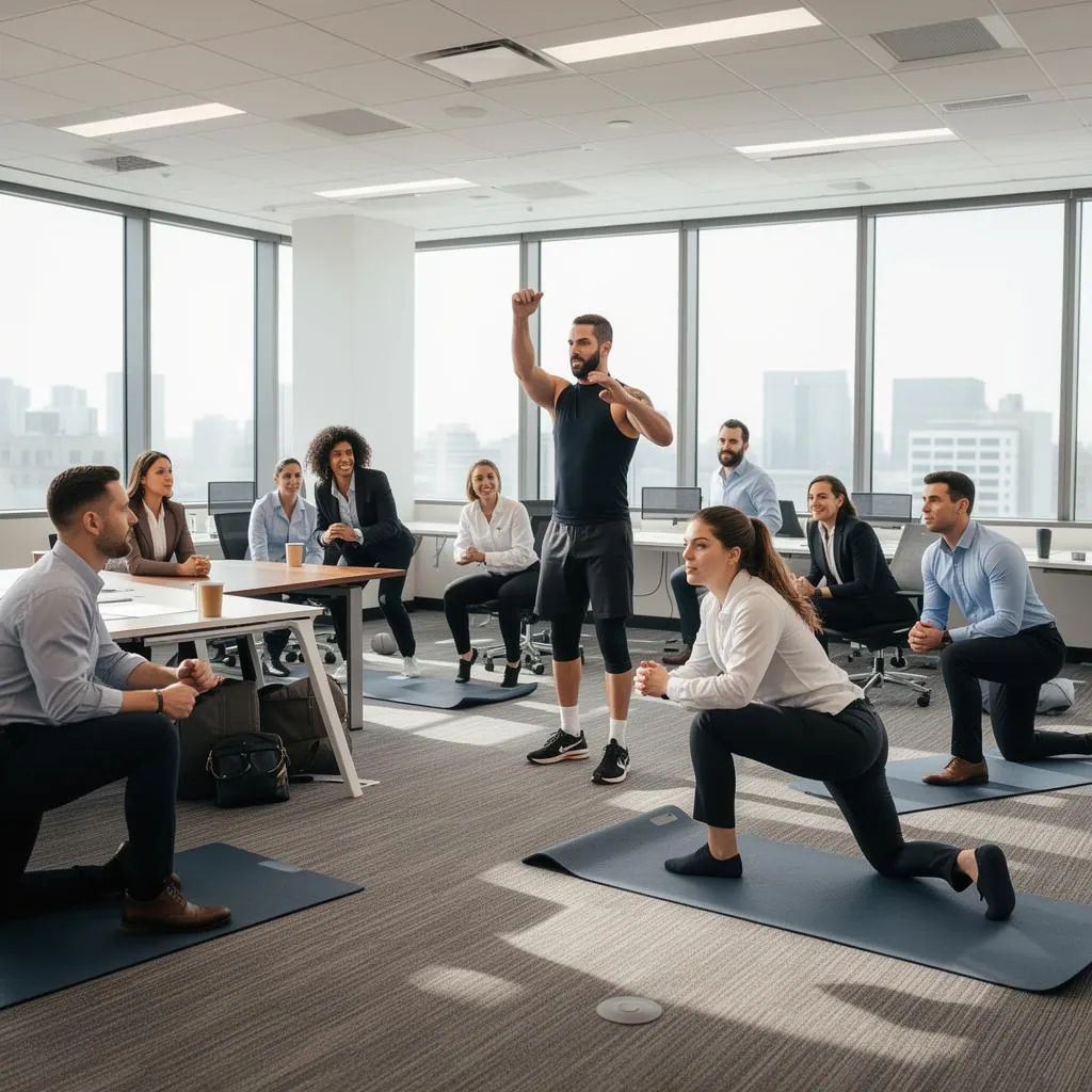 A group of office employees in business casual attire doing a midday bodyweight workout led by a personal trainer in a sunlit corporate conference room with mats on the floor
