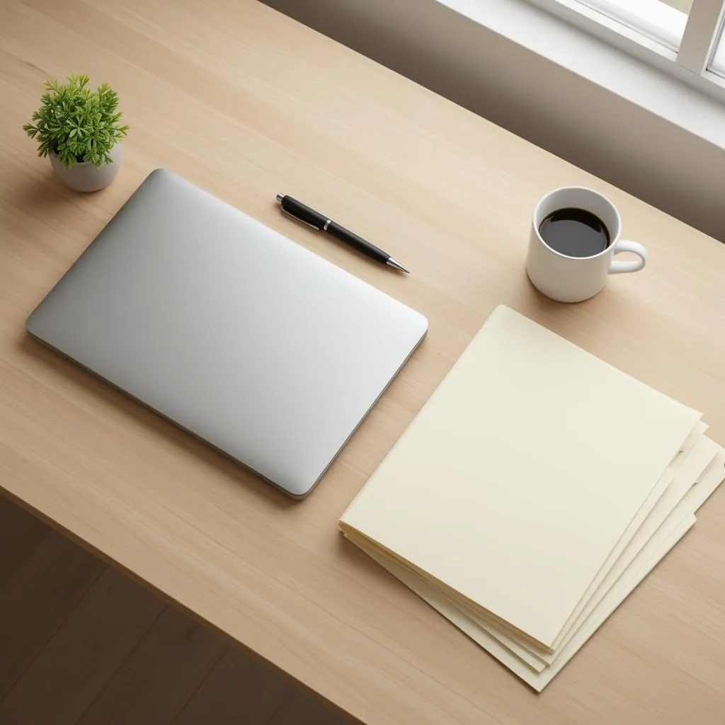 An overhead view of a clean wooden desk with a silver closed laptop, white coffee mug, black pen, small green plant, and a stack of cream-colored folders, soft natural window light