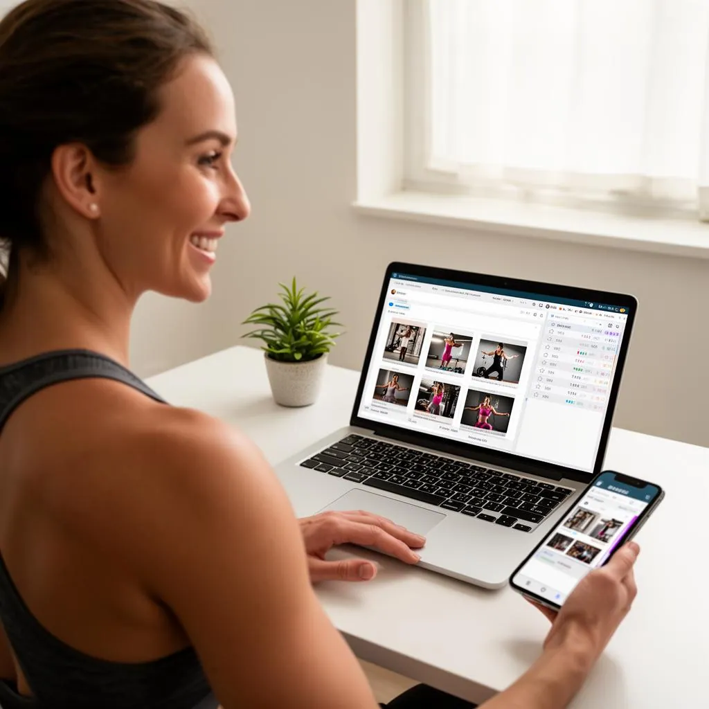 An over-the-shoulder view of a smiling female fitness coach reviewing a client's weekly check-in photos and workout history on a laptop with a smartphone showing the same app, in a clean bright home office