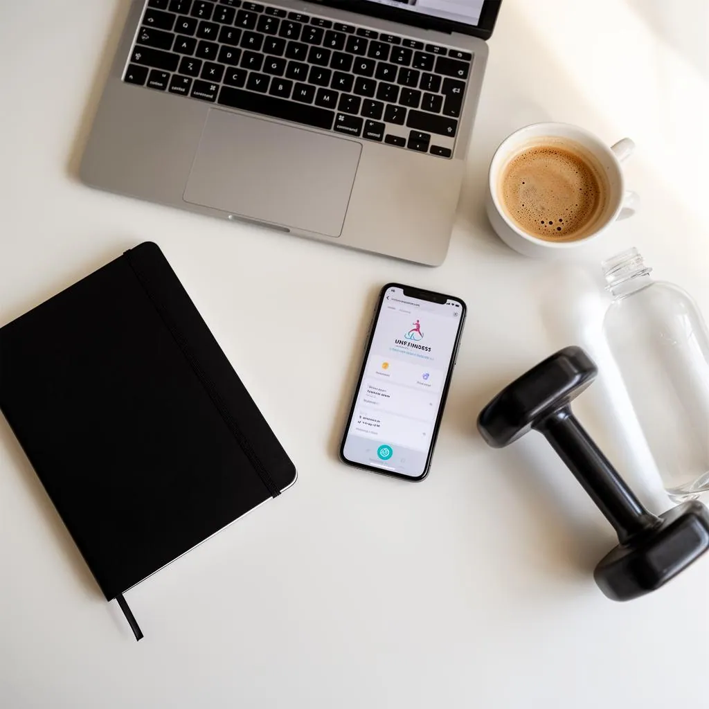 A flat lay overhead view of a clean desk with a silver closed laptop, a smartphone showing a fitness coaching app, a black notebook, a small dumbbell, a glass water bottle, and a white cup of coffee in soft natural light