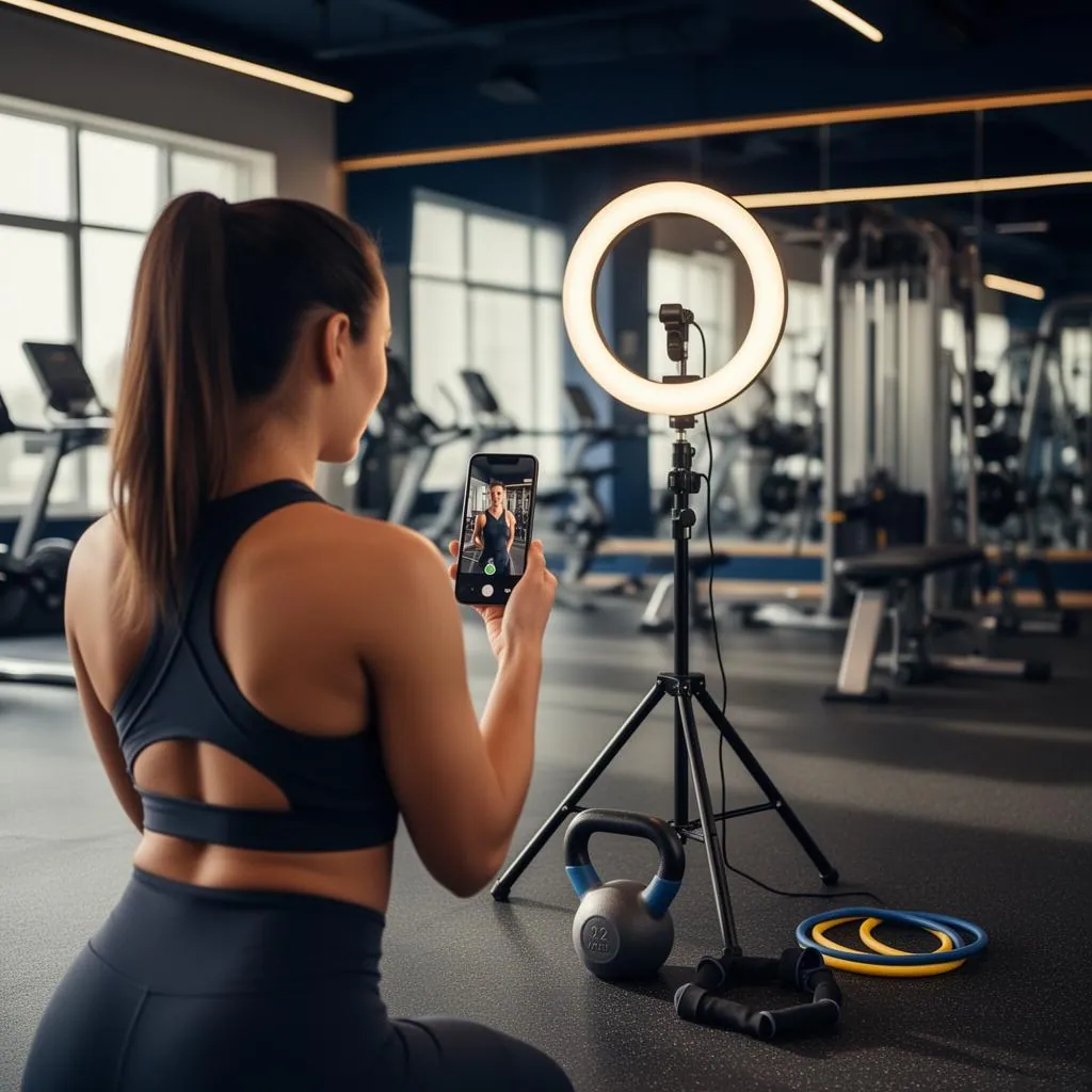A female personal trainer kneeling behind a smartphone on a tripod with a ring light, filming a short workout video inside a clean modern gym with a kettlebell and resistance bands nearby