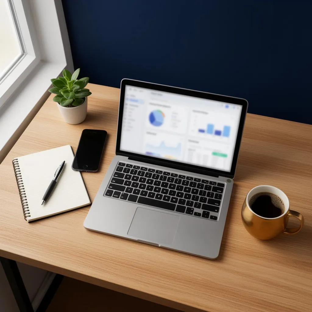 A clean wooden desk with a laptop showing a blurred analytics dashboard, a notebook with a pen, a smartphone, a small plant, and a gold coffee mug, lit by soft natural light