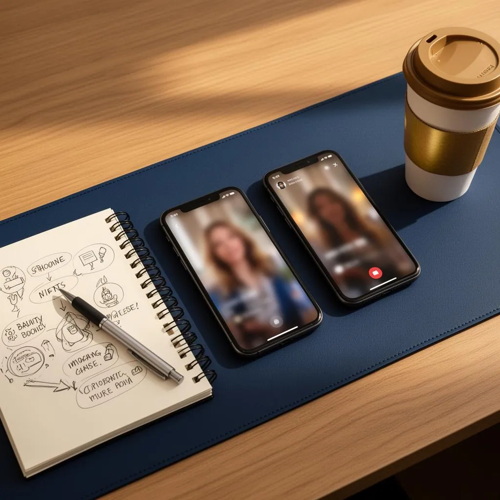 An overhead shot of a wooden desk with two smartphones showing blurred short-form video thumbnails, a notebook with sketched content ideas, and a takeout coffee with a gold sleeve