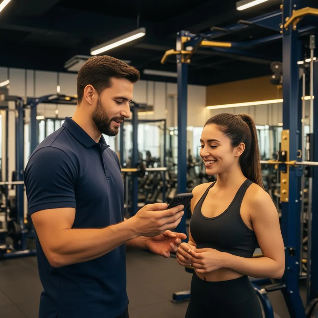 A male personal trainer in a navy polo standing in a modern gym showing a smartphone to a smiling female client as they review a workout video together